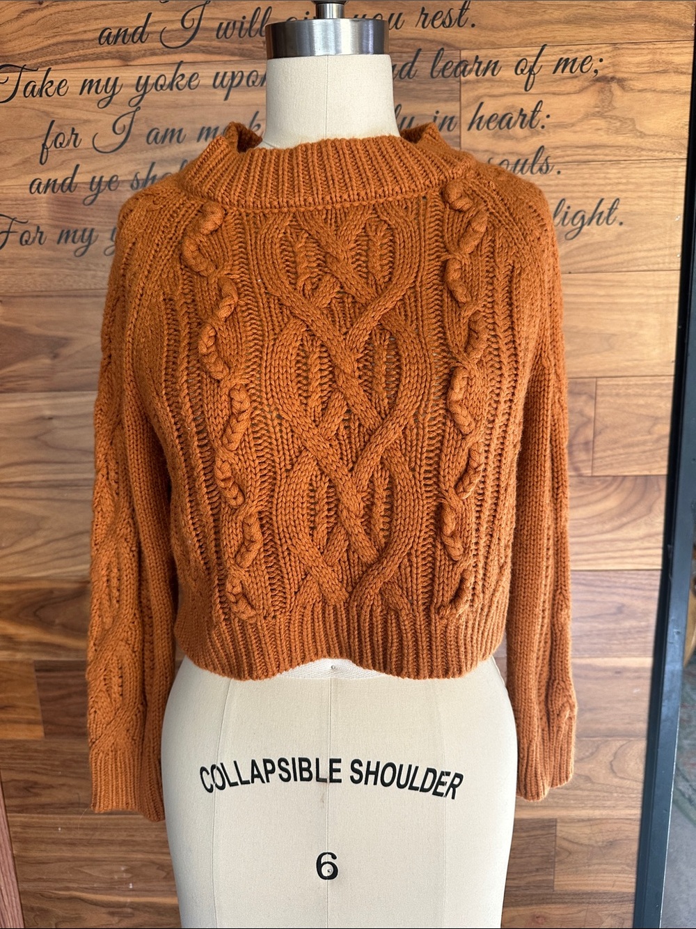 Cable-Knit Crewneck Cropped Sweater in Rust Orange